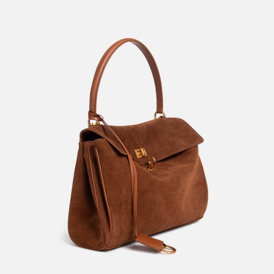 Suede Gold-Lock Top Handle Bag