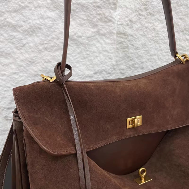 Suede Gold-Lock Top Handle Bag