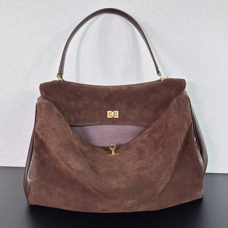 Suede Gold-Lock Top Handle Bag